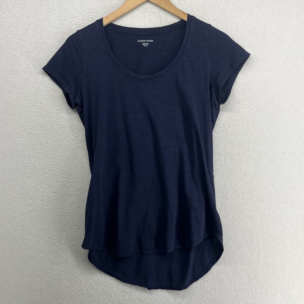 EILEEN FISHER Top XS Organic Cotton Slub Jersey Scoop Neck Cap Sleeve Navy Blue